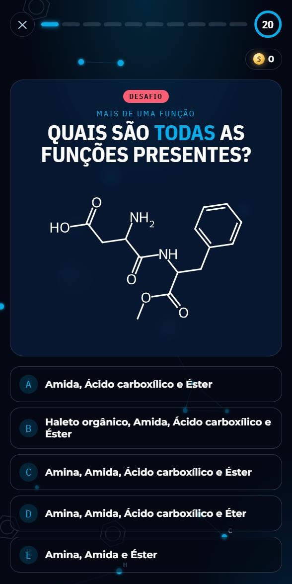 Tela do jogo Liga Moleculando com uma questão de funções orgânicas do nível Desafio, com a estrutura do aspartame e 5 alternativas